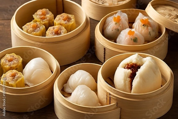 Obraz Assortment of delicious dim sum dumplings in bamboo steamer baskets.