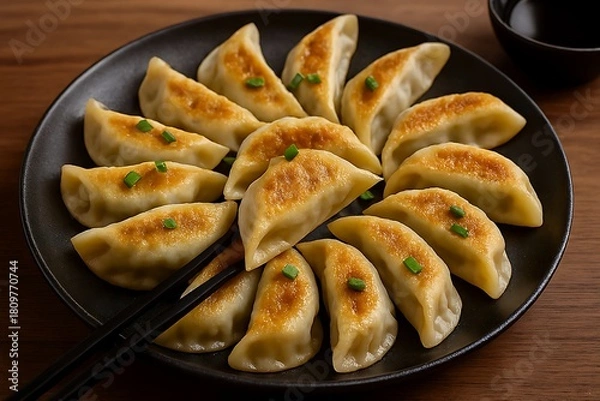 Fototapeta Golden brown pan fried dumplings arranged on a dark plate.