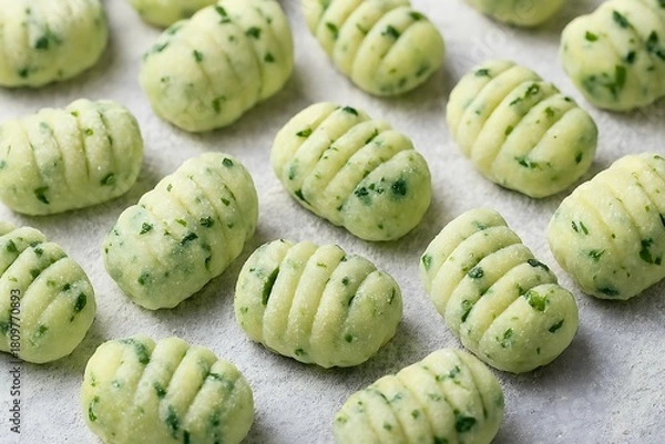 Obraz Freshly made green herb gnocchi arranged on a white surface.