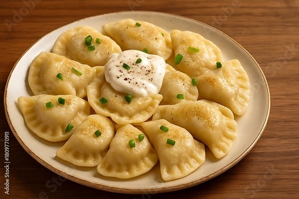 Obraz Plate of delicious pierogi with sour cream and chives.