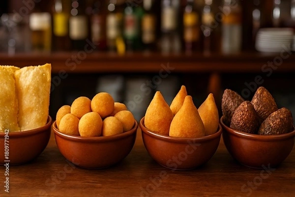 Fototapeta Assortment of brazilian finger foods served in rustic bowls.
