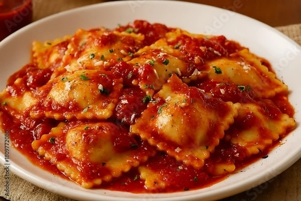 Obraz Delicious ravioli pasta dish with rich tomato sauce.