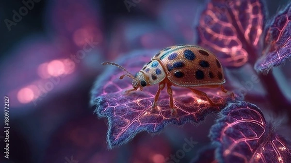 Fototapeta Ladybug inside neon Zentangle leaf glowing softly, detailed macro close-up capturing insect detail and surreal luminous botanical pattern