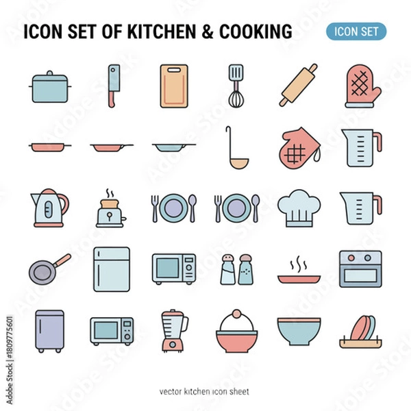 Fototapeta “Icon Set of Kitchen & Cooking – 20 Colorful Vector Glyph Icons for Culinary Tools, Appliances, and Cooking Essentials”