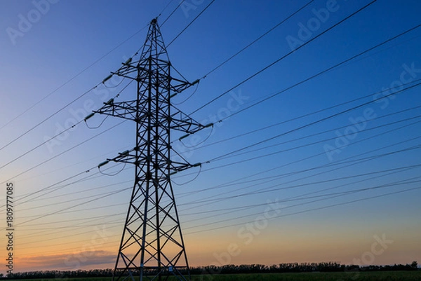 Fototapeta A tall power tower with many wires is silhouetted against a blue sky