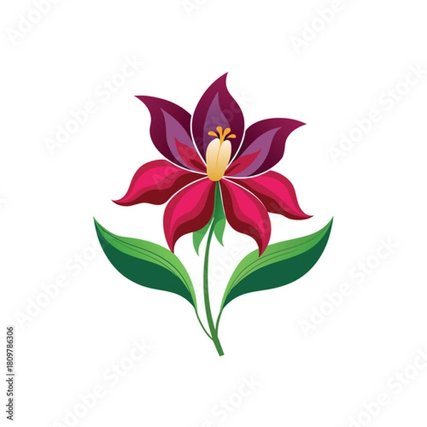 Obraz Stylized magenta and purple flower with green leaves isolated on white background