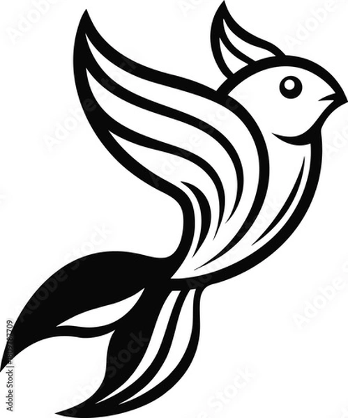 Fototapeta Stylized black and white bird with flowing wings and tail isolated on white background