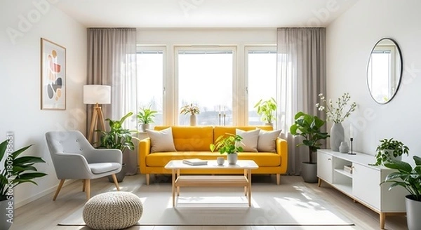 Fototapeta Bright and airy living room showcases a yellow sofa and an array of green houseplants.