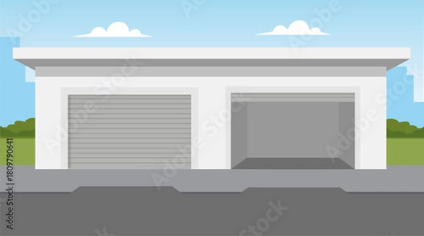 Fototapeta Closed and open garage doors in flat style. Car parking in city area. Vector stock