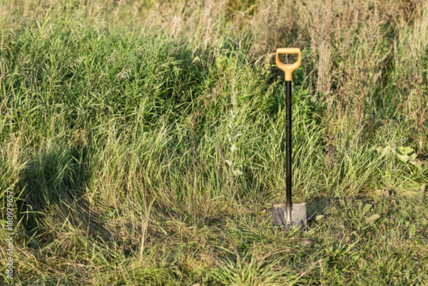 Fototapeta A black and orange shovel is standing in a field of tall grass