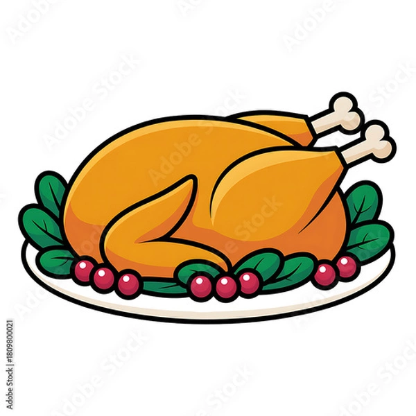 Obraz Deliciously roasted golden brown turkey on a festive platter with cranberries and greens isolated on transparent background