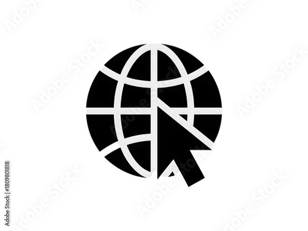 Obraz Stylized white globe icon with a cursor arrow pointing to it isolated on transparent background