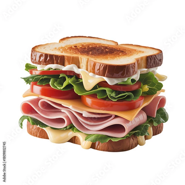 Obraz Delicious stacked deli sandwich with ham cheese lettuce and tomato on toasted bread isolated on transparent background