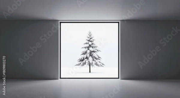 Fototapeta Snow-covered tree visible through a large window in modern interior  