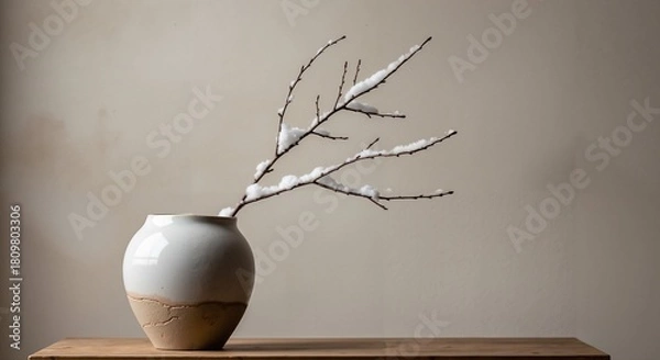 Fototapeta Minimalist vase with twig on wooden table in neutral setting  