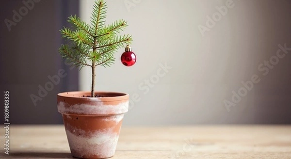 Fototapeta Small Christmas tree with red ornament/decoration  in clay pot on wooden table  