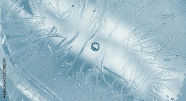 Fototapeta Ice texture with crystal formations and water droplet in blue  