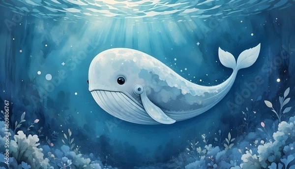 Obraz Adorable cartoon whale swimming gracefully in a magical underwater world with glowing ocean plants