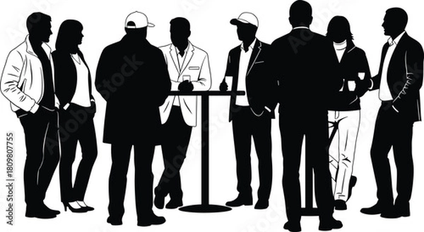 Fototapeta Silhouette vector illustration of people group talking at party, business networki friends standing around table drinking, social gathering, black and white