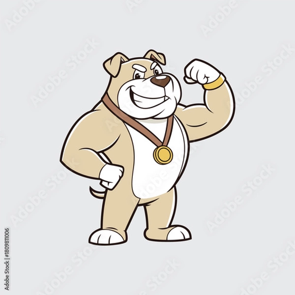 Fototapeta Strong Bulldog Mascot Vector Illustration with Flexing Arm and Medal Muscular Animal Athlete Design Proud and Confident Expression Character for Sport Teams or Fitness Brands