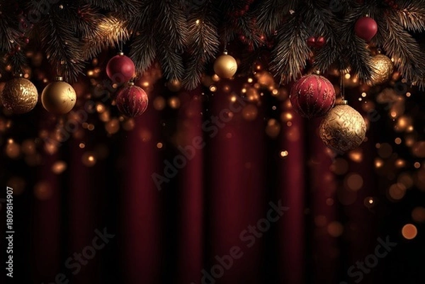 Fototapeta Chic and luxury, elegant festive Christmas background with deep dark red stage curtains, Evergreen branches, shiny baubles, and glowing lights 