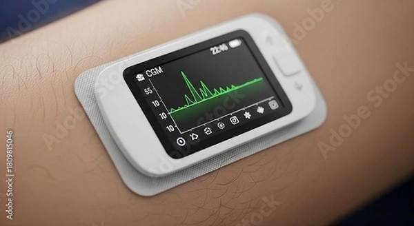 Fototapeta Continuous glucose monitor on arm shows real-time blood sugar levels for diabetic care