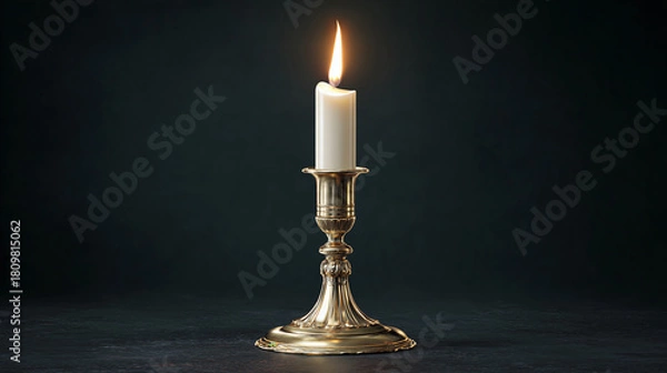 Fototapeta A softly lit candle sitting in a classic holder, with a dark background. The scene conveys a sense of tranquility and introspection