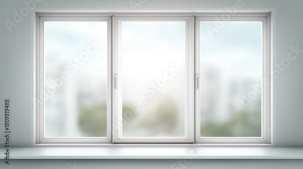 Fototapeta Three panel aluminum casement window defocused white wall, faceless window display, installation visualization detail, blurred clean background, modern window concept, residential