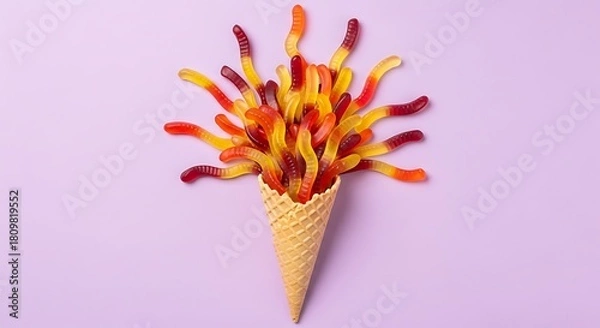 Fototapeta Gummy worms erupting from a waffle cone on a lavender background