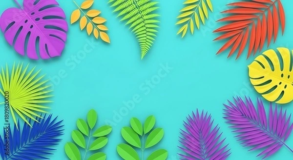 Fototapeta Vibrant colorful leaves frame on turquoise background perfect for summer designs