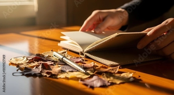 Obraz Hands turning pages of a notebook on a wood table with autumn leaves