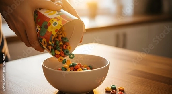 Obraz Person pouring colorful cereal from a container into a bowl