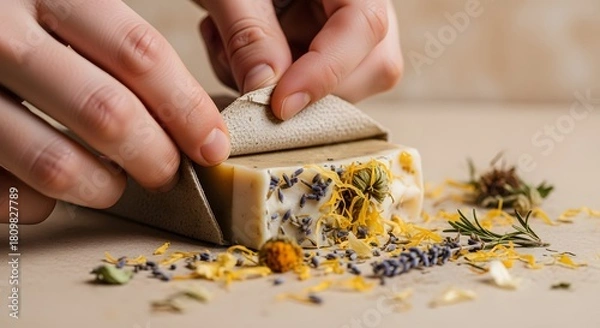Obraz Person peeling back the packaging of natural handmade soap