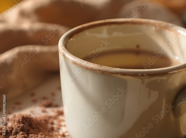Obraz Ceramic Cup Of Coffee With Cocoa Powder Close Up View