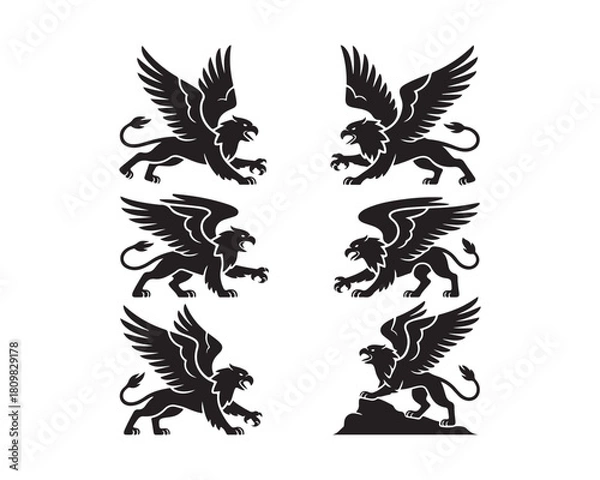 Fototapeta griffin silhouette, griffin vector, griffin collection, griffin set, winged creature silhouette, powerful griffin art, griffin icon collection, 