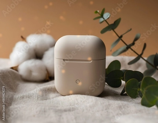 Obraz Close up of a beige wireless earbud case on a cotton surface