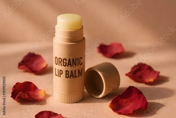 Obraz Lip balm tube next to scattered rose petals on a peach surface