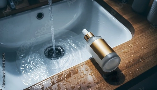 Obraz Skincare bottle beside running water droplets in a modern sink