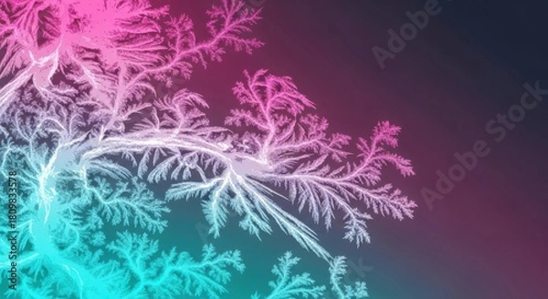 Fototapeta Abstract fractal frost pattern with vibrant pink and blue gradient glow on dark.