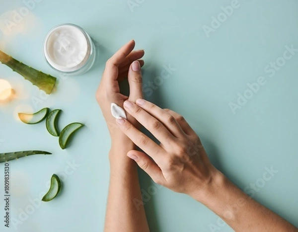 Obraz Woman applying cream from a jar with aloe on blue surface