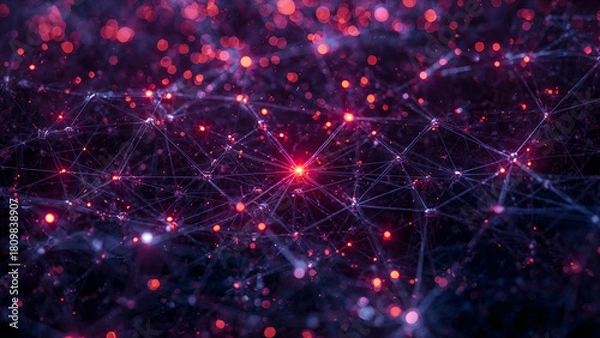 Fototapeta Abstract Glowing Network with Red and Purple Nodes on Dark Background