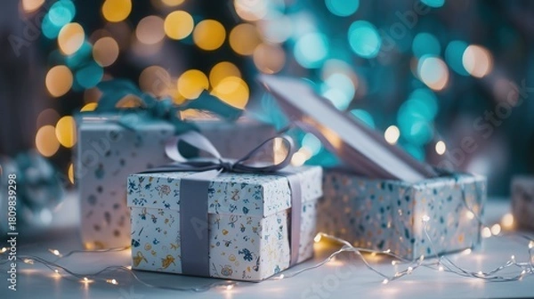 Fototapeta Christmas Gift Boxes with Warm Bokeh Lights