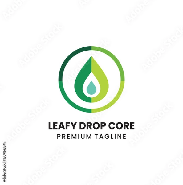 Fototapeta A layered, monochromatic green logo featuring a leaf shape integrated into a stylized water drop, symbolizing nature, purity, water, and organic products.