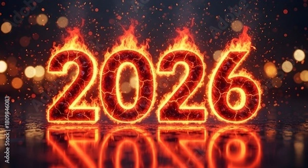 Obraz Burning 2026 new year celebration with fire and reflection