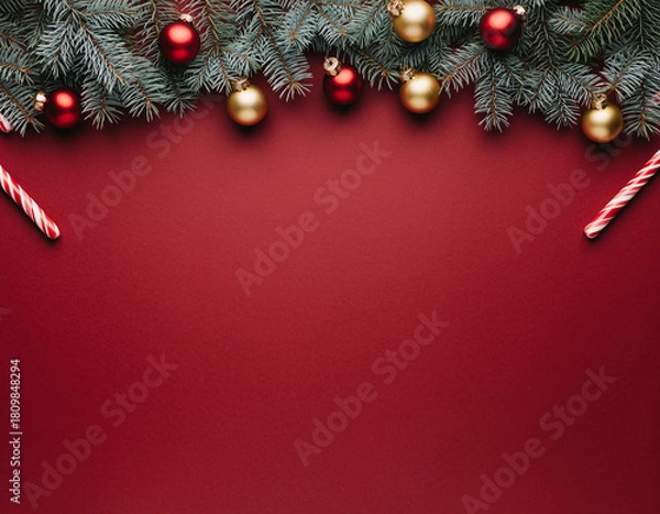 Fototapeta Christmas fir garland with red gold baubles on red background