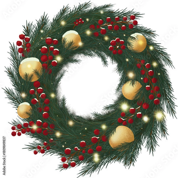 Fototapeta Christmas Pine Wreath with Red Berries and Gold Ornaments, Hand drawn illustration, not ai