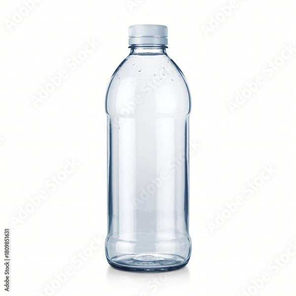 Fototapeta Transparent blue tinted plastic water bottle with screw cap isolated on studio background