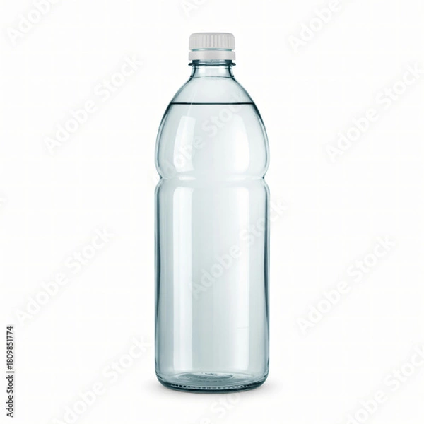 Fototapeta Transparent cylindrical water bottle with light blue tint and screw cap isolated