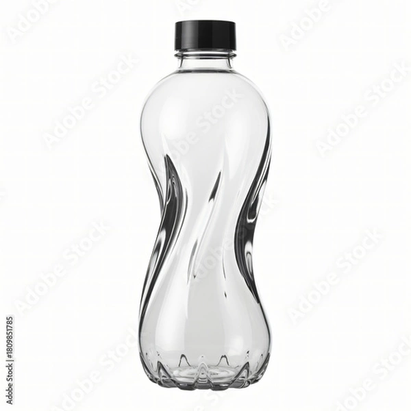 Fototapeta Curvy transparent plastic beverage bottle with black cap isolated on white studio background
