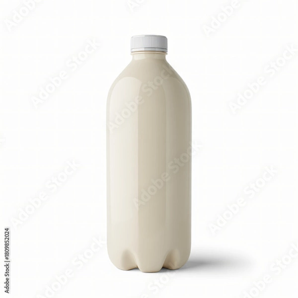 Fototapeta Cream colored plastic milk bottle with minimal design isolated on soft studio background
